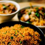 Vertical shot of delicious panda express chow mein Generative AI